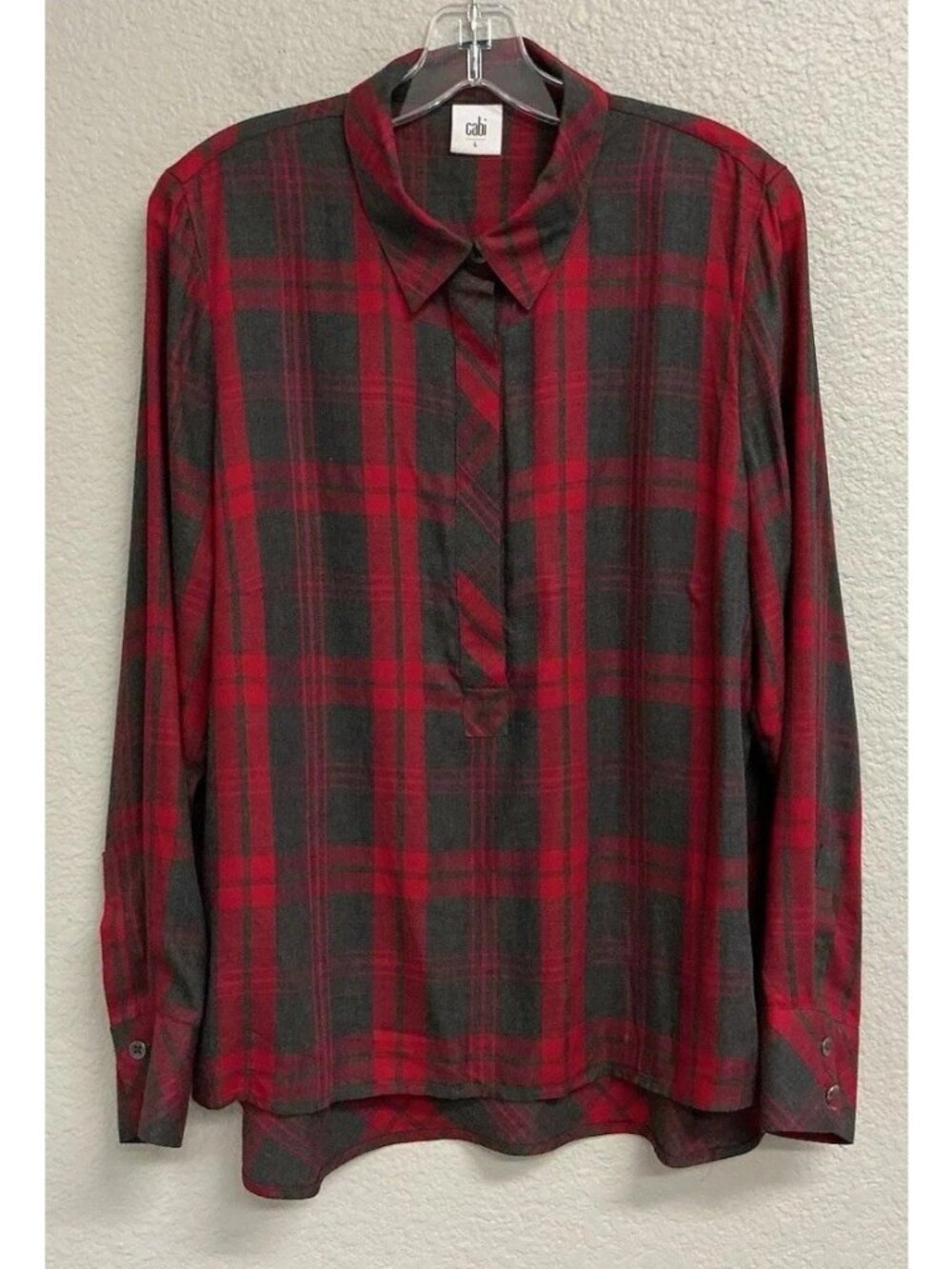 CAbi Cunningham Red Gray Plaid Top Long Sleeve Women’s Sz Large #3587